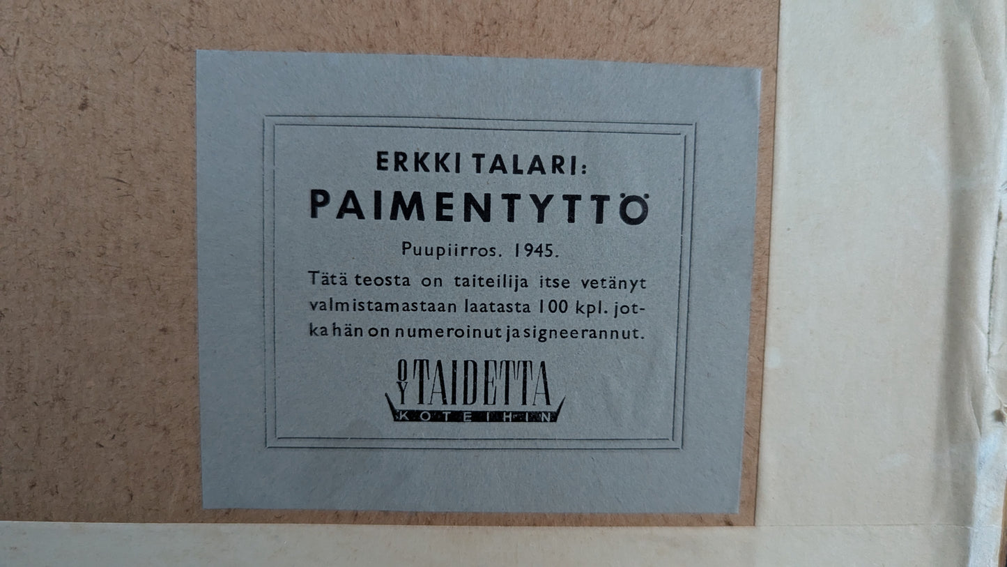Erkki Talari - Paimentyttö (Signeerattu Puupiirros, 1945)