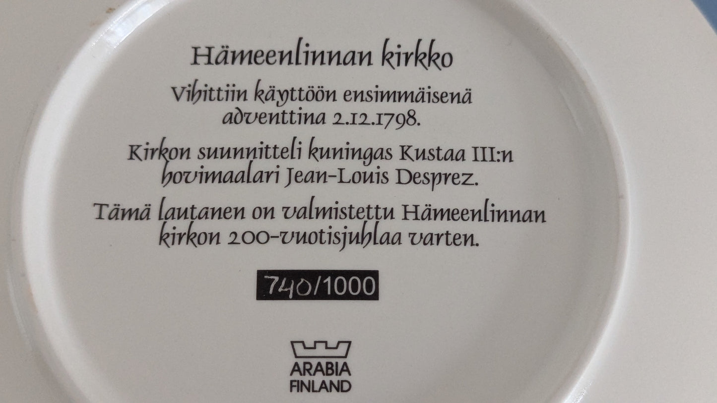 Arabia - Hämeenlinnan Kirkko 200 Vuotta Seinälautanen (1998, Numeroitu 740/1000)