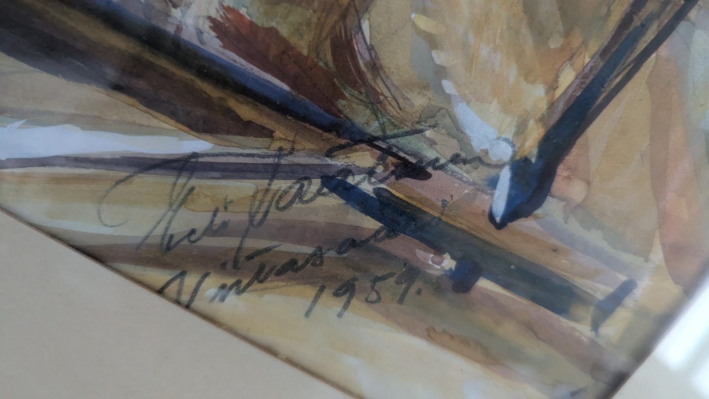 Eeli Jaatinen - Kehrääjä (Signeerattu Akvarellimaalaus, 1959)