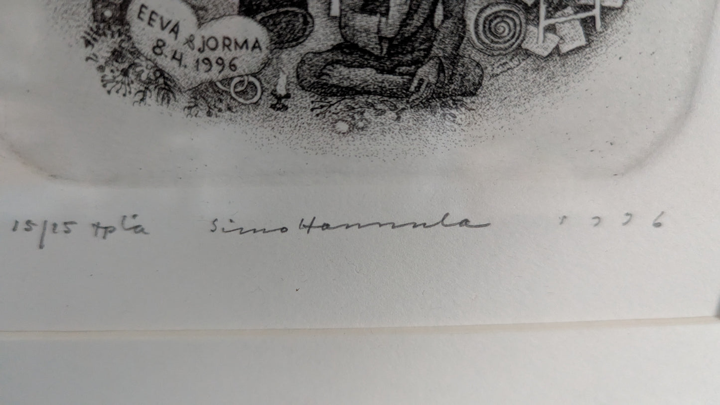 Simo Hannula - Jorma K. Miettinen Ex-Libris (Signeerattu Etsaus 1996, 15/15)
