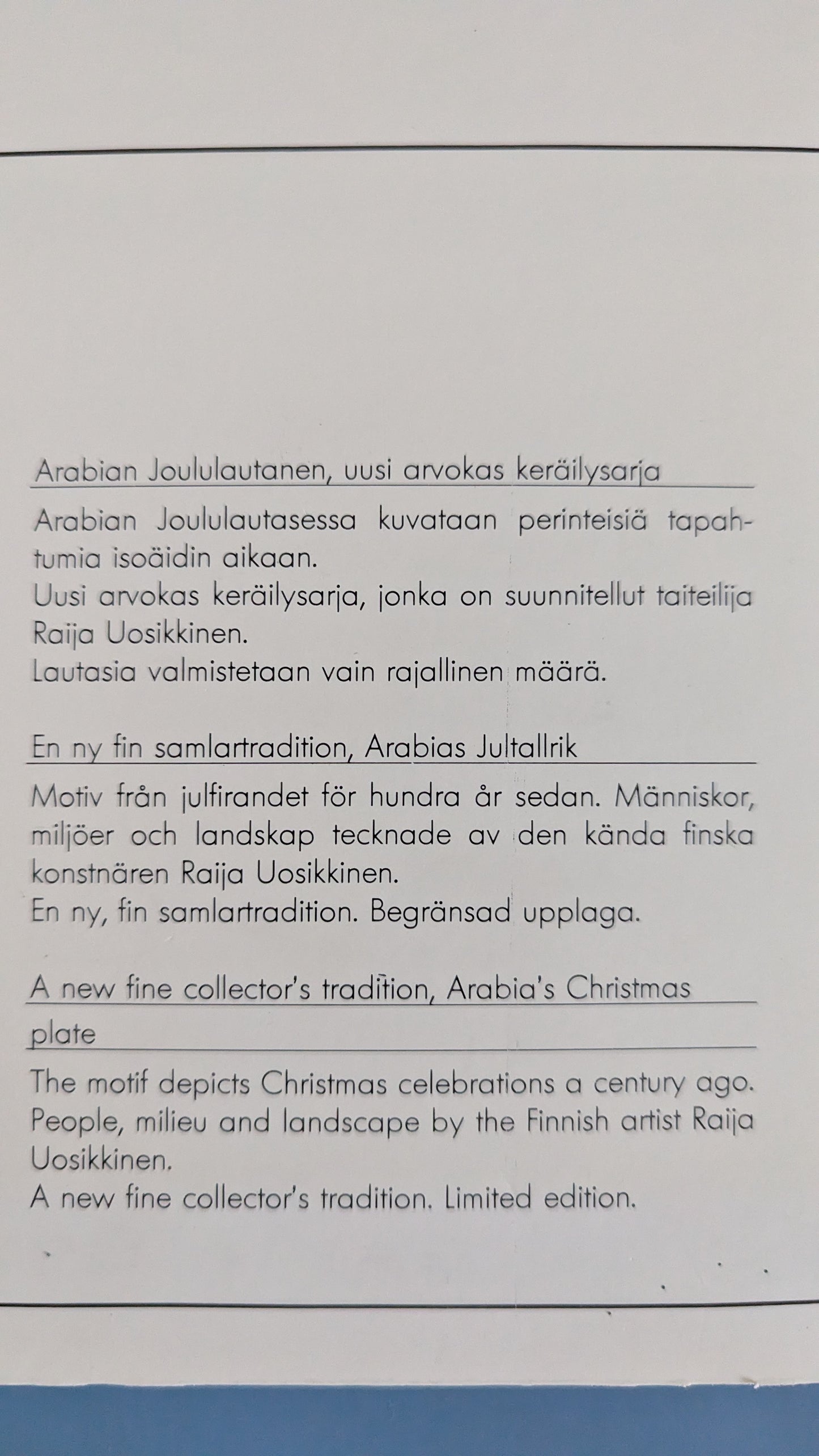 Arabia Joululautanen 1980 (Alkuperäisessä Paketissa, Raija Uosikkinen)