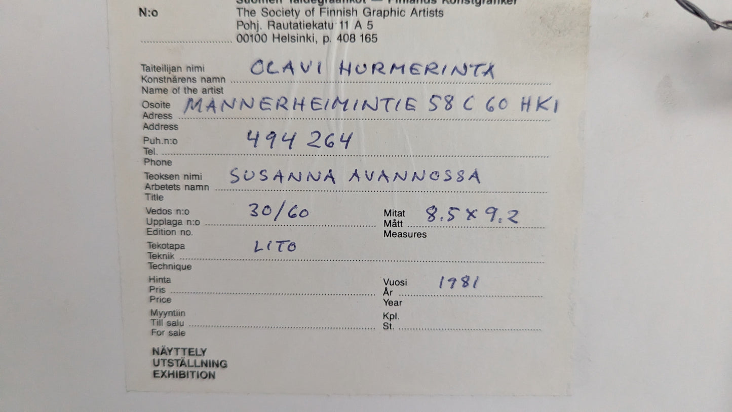 Olavi Hurmerinta - Susanna Avannossa (Signeerattu Litografia 1981)