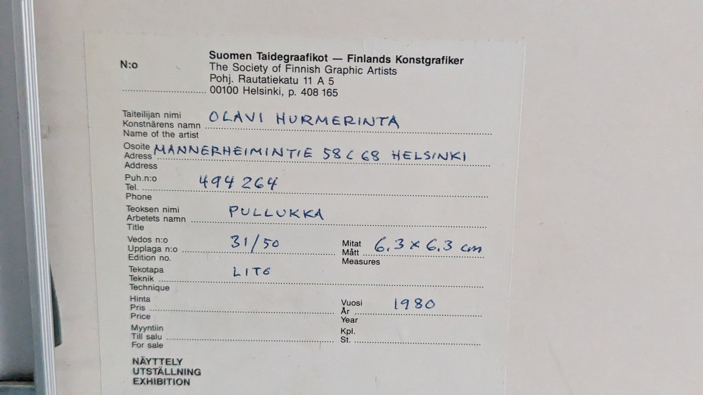 Olavi Hurmerinta - Pullukka (Signeerattu Litografia 1980)