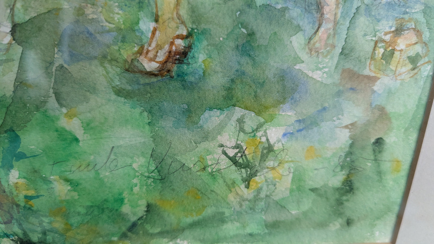 Tuula Uusitalo - Pyykkipäivä (Signeerattu Akvarellimaalaus 1985)