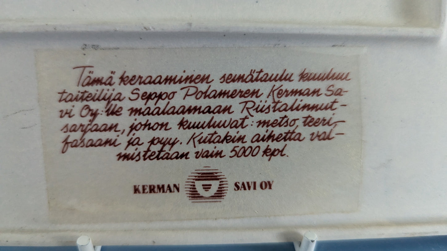 Kermansavi - Riistalinnut Teeri Seinälaatta (1997-1999, Seppo Polameri)