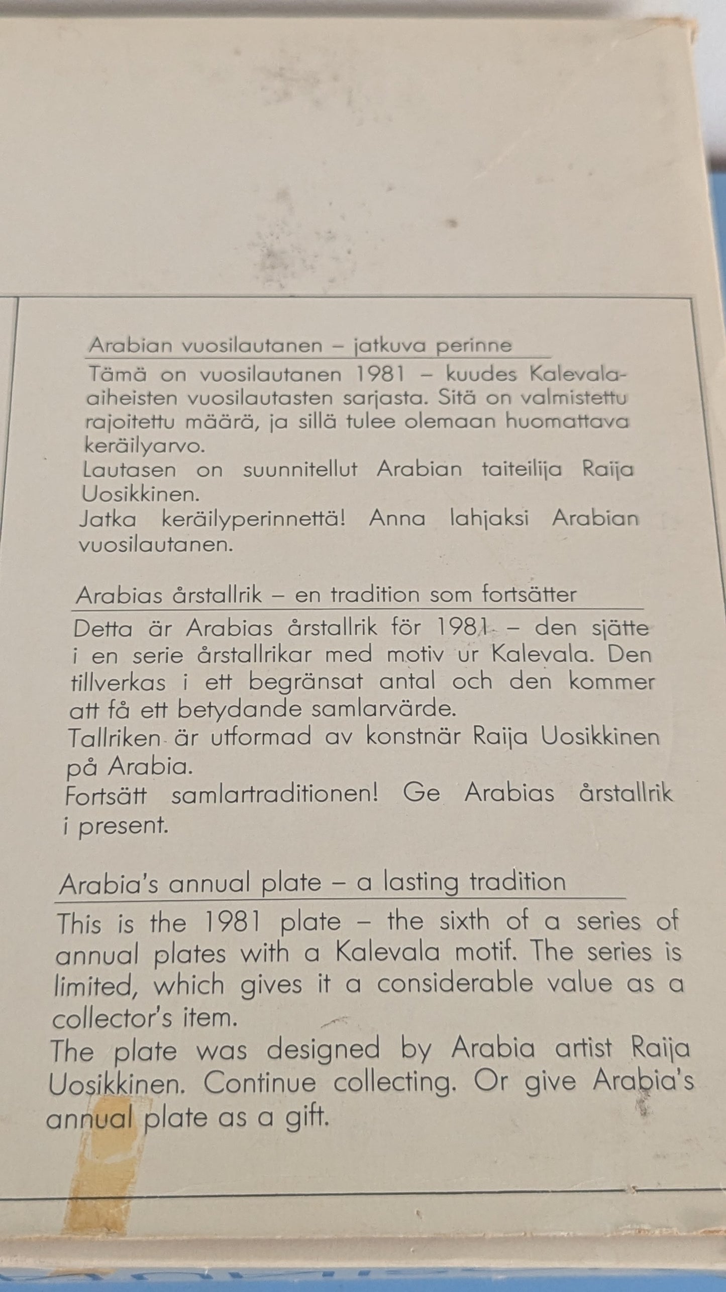 Arabia Kalevala Vuosilautanen 1981 (Alkuperäisessä Paketissa, Raija Uosikkinen)