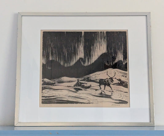 Aukusti Tuhka - Revontulet (Signeerattu Puupiirros 1937, 1960)