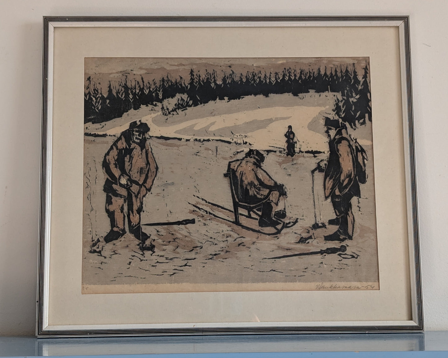 Veikko Haukkavaara - Pilkkijät (Signeerattu Puupiirros 1954)