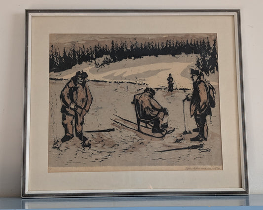 Veikko Haukkavaara - Pilkkijät (Signeerattu Puupiirros 1954)