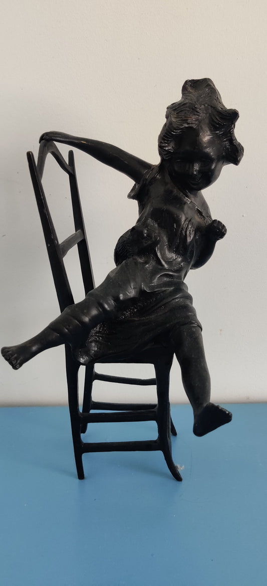 Girl and Cat on a Chair Statue (Sign. Metallia)