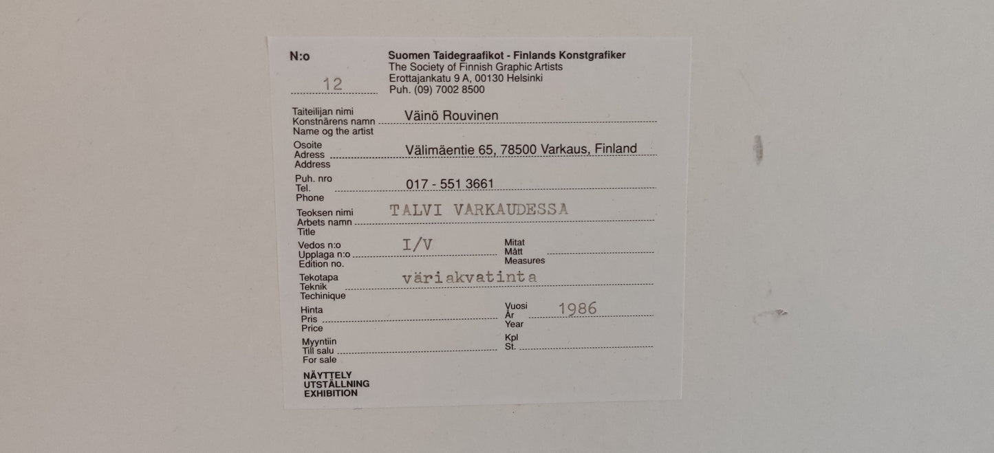 Väinö Rouvinen - Talvi Varkaudessa (Sign. Väriakvatinta, 1986)