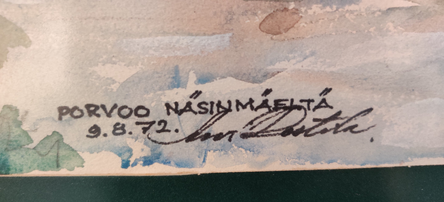 Signeerattu Akvarellimaalaus Porvoon Näsinmäeltä (1972)