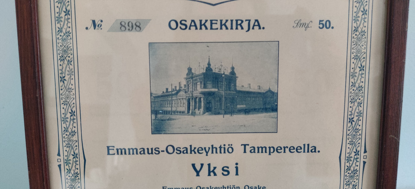 Emmaus-Osakeyhtiön Kehystetty Osakekirja (1kpl, Tampere)