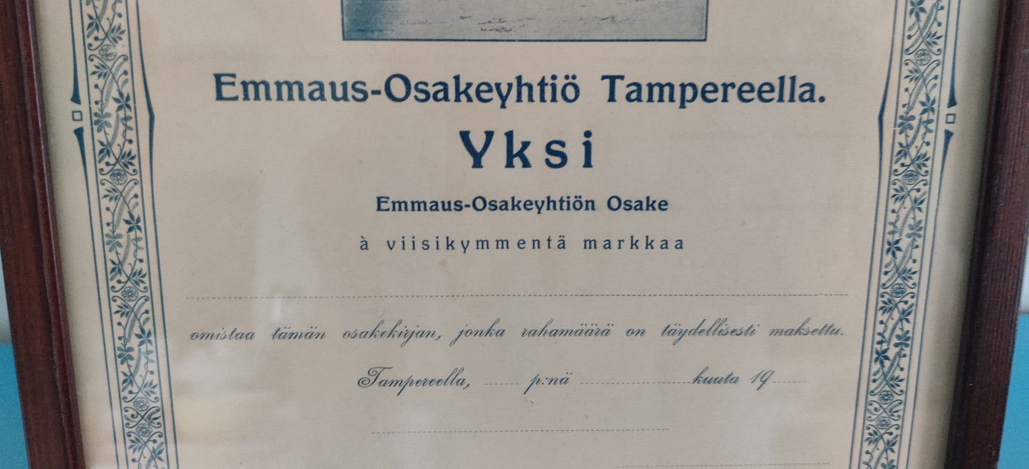 Emmaus-Osakeyhtiön Kehystetty Osakekirja (1kpl, Tampere)