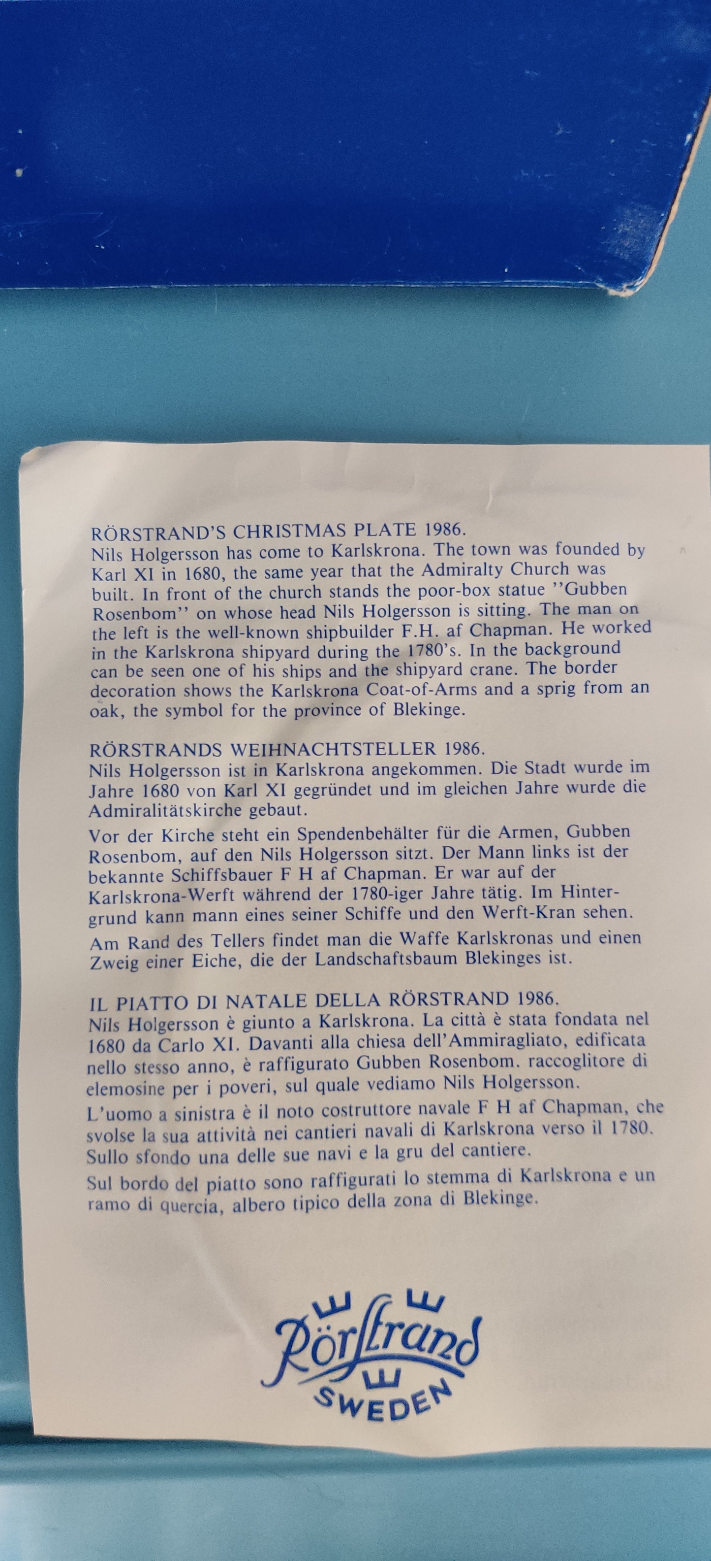 Rörstrand Joululautanen 1986 (Alk. Pakkauksessa, Gunnar Nylund)