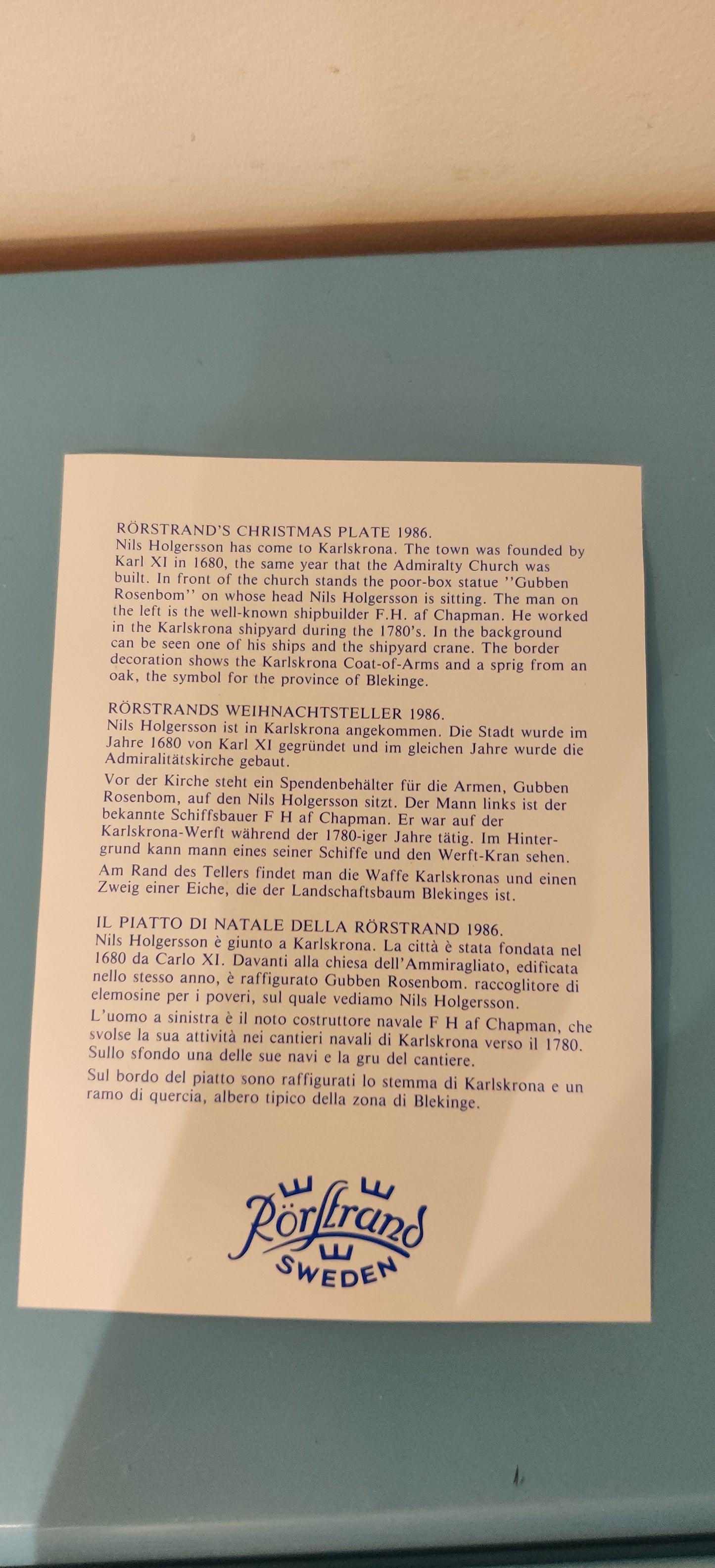 Rörstrand Joululautanen 1986 (Alk. Pakkauksessa, Gunnar Nylund)