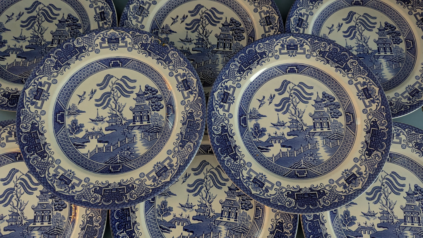 English Ironstone Pottery - Old Willow Ruokalautanen (8kpl, 1970-1973)