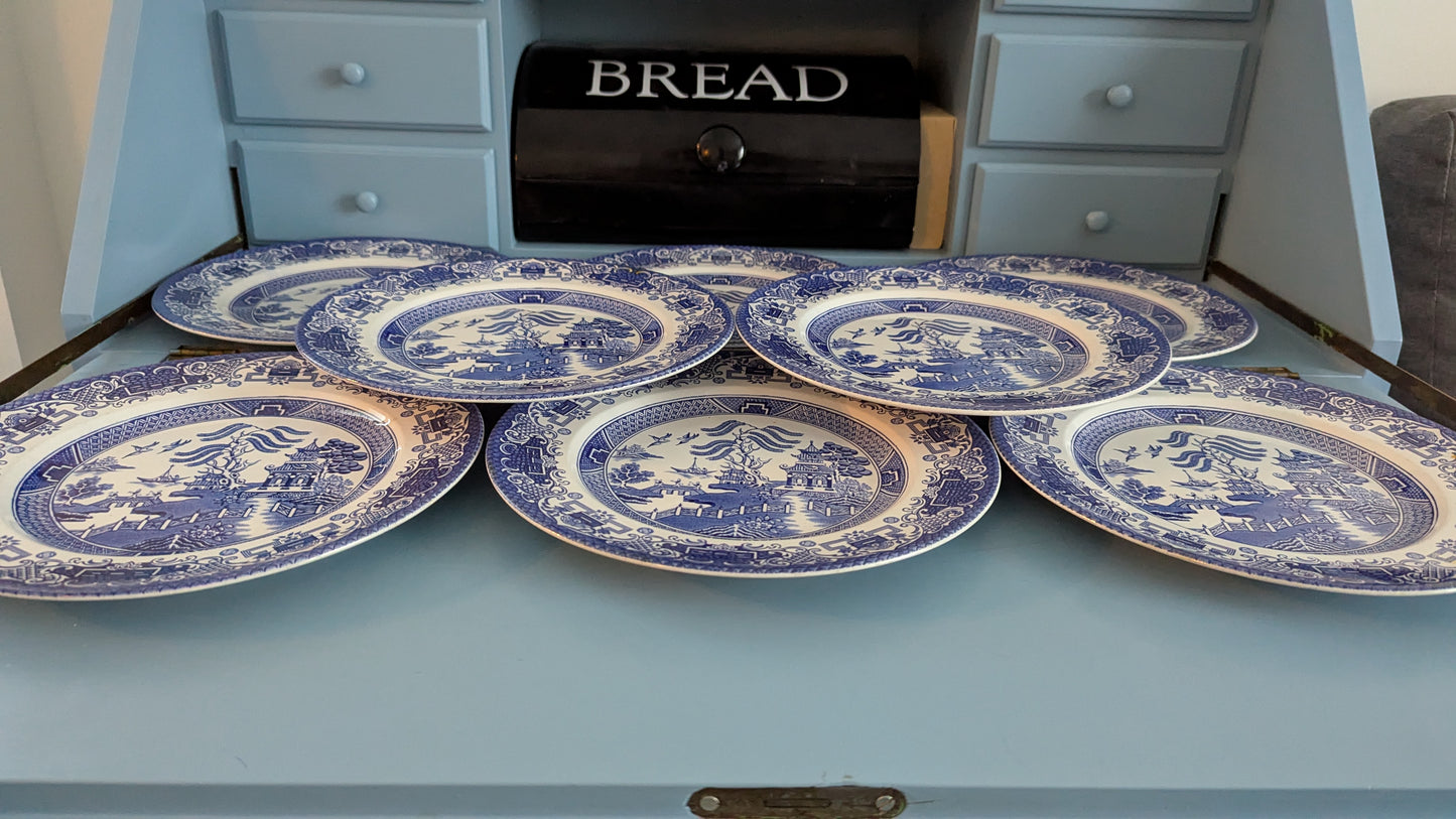 English Ironstone Pottery - Old Willow Ruokalautanen (8kpl, 1970-1973)