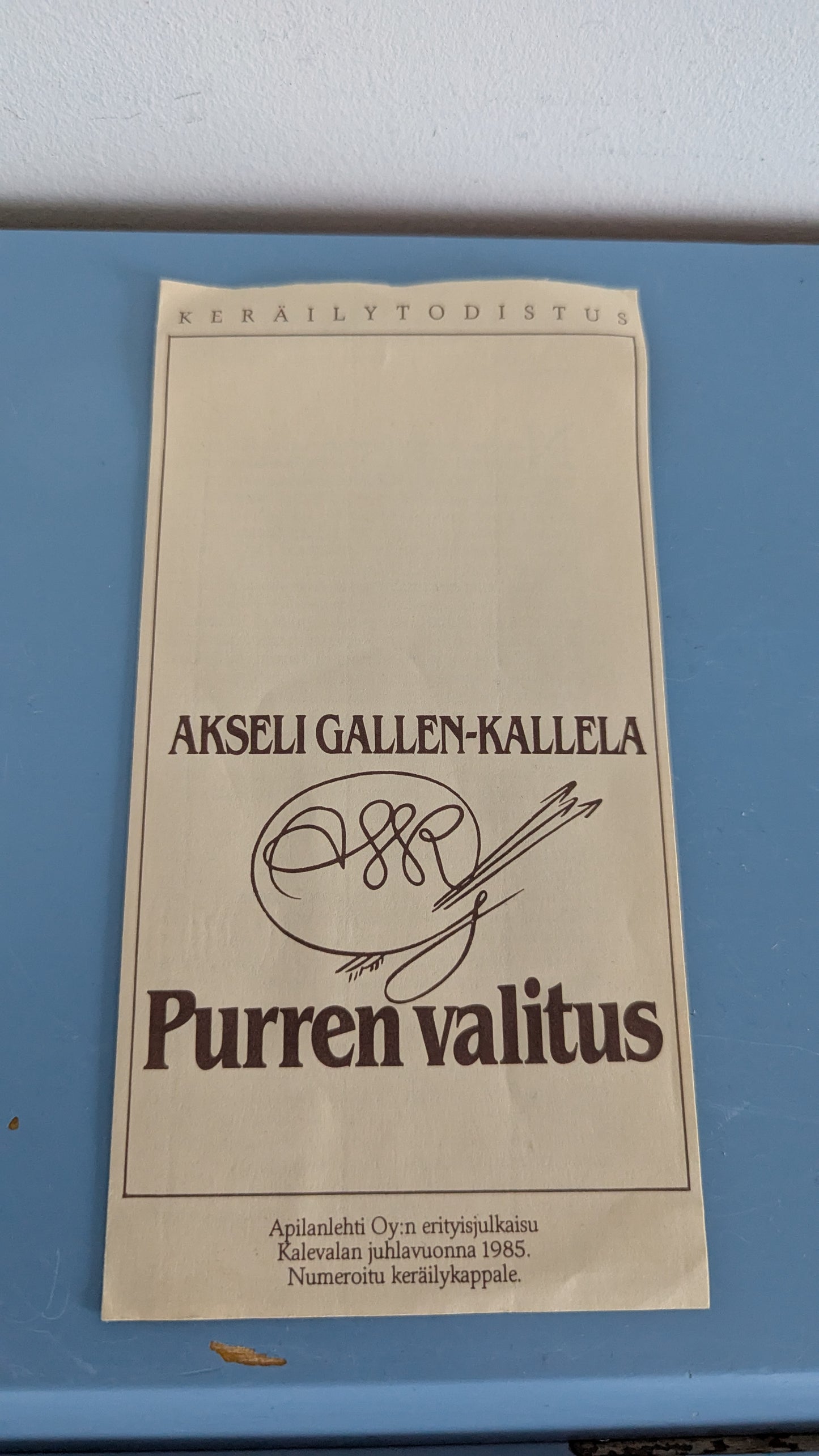 Arabia Kalevala Purren Valitus Seinälautanen (1985, Keräilytodistuksella)