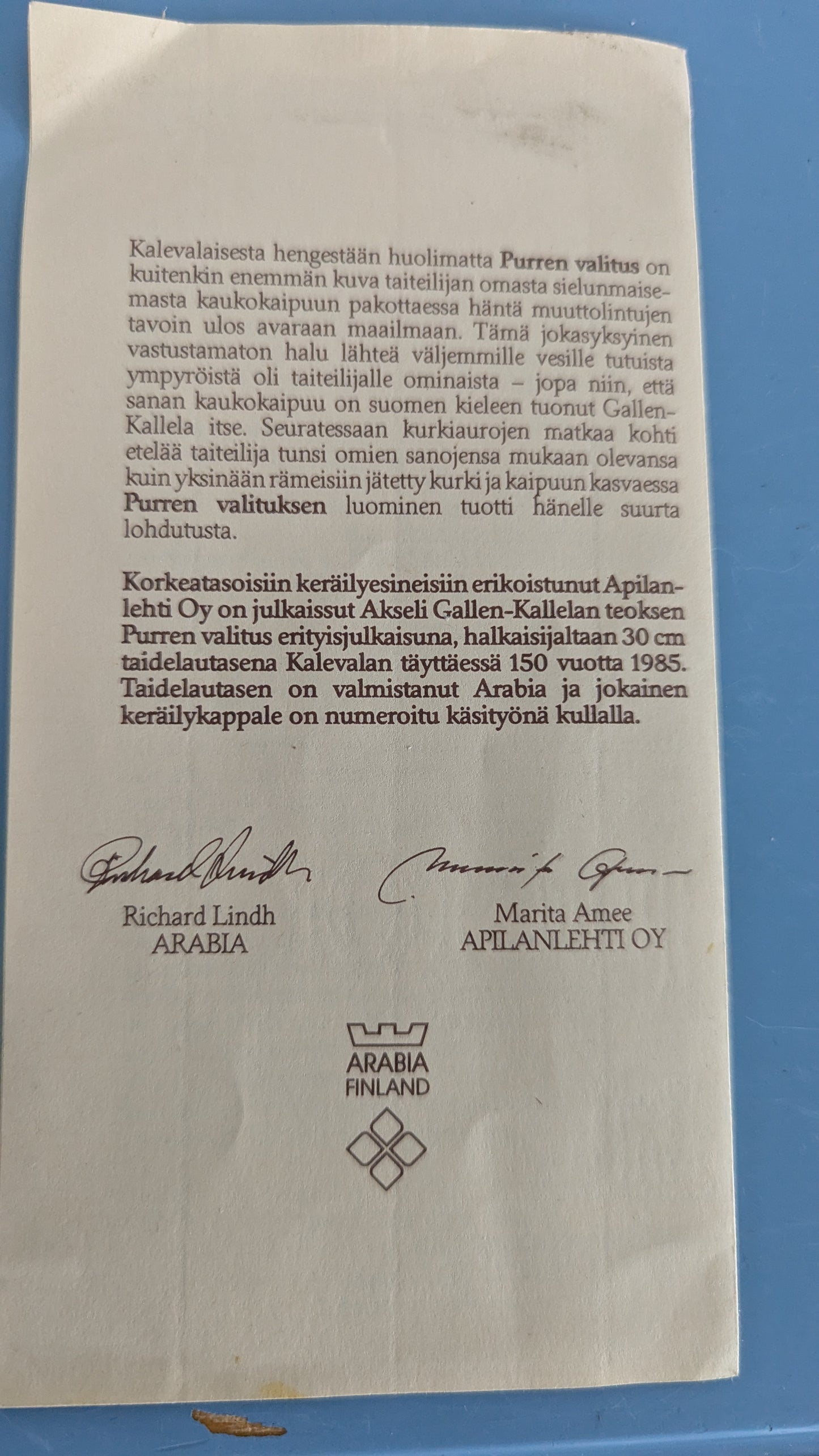 Arabia Kalevala Purren Valitus Seinälautanen (1985, Keräilytodistuksella)