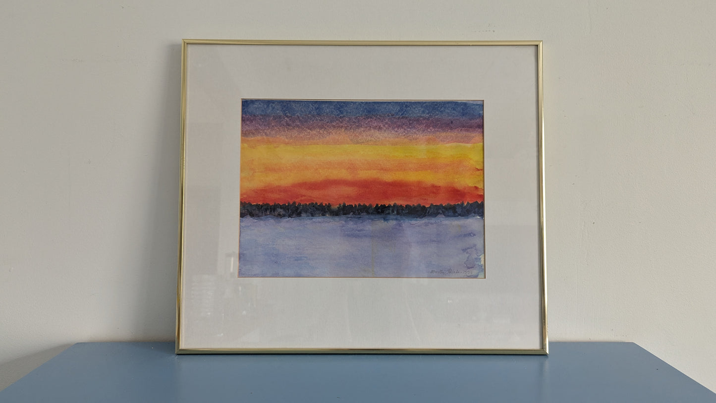 Martta Palola - Helmikuun Ilta-Auringon Laskiessa (Sign. Akvarellimaalaus 1993)