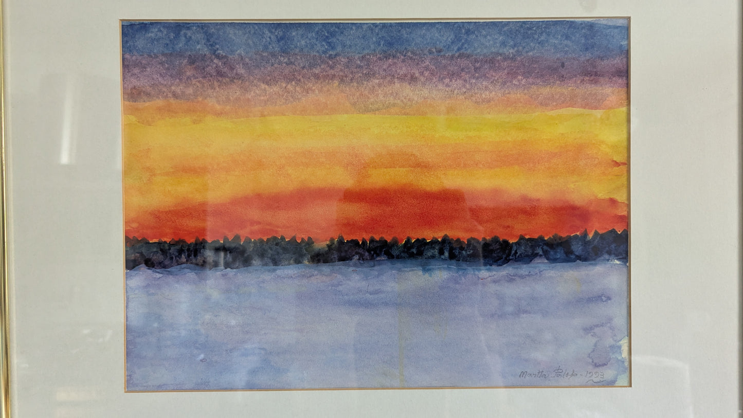 Martta Palola - Helmikuun Ilta-Auringon Laskiessa (Sign. Akvarellimaalaus 1993)