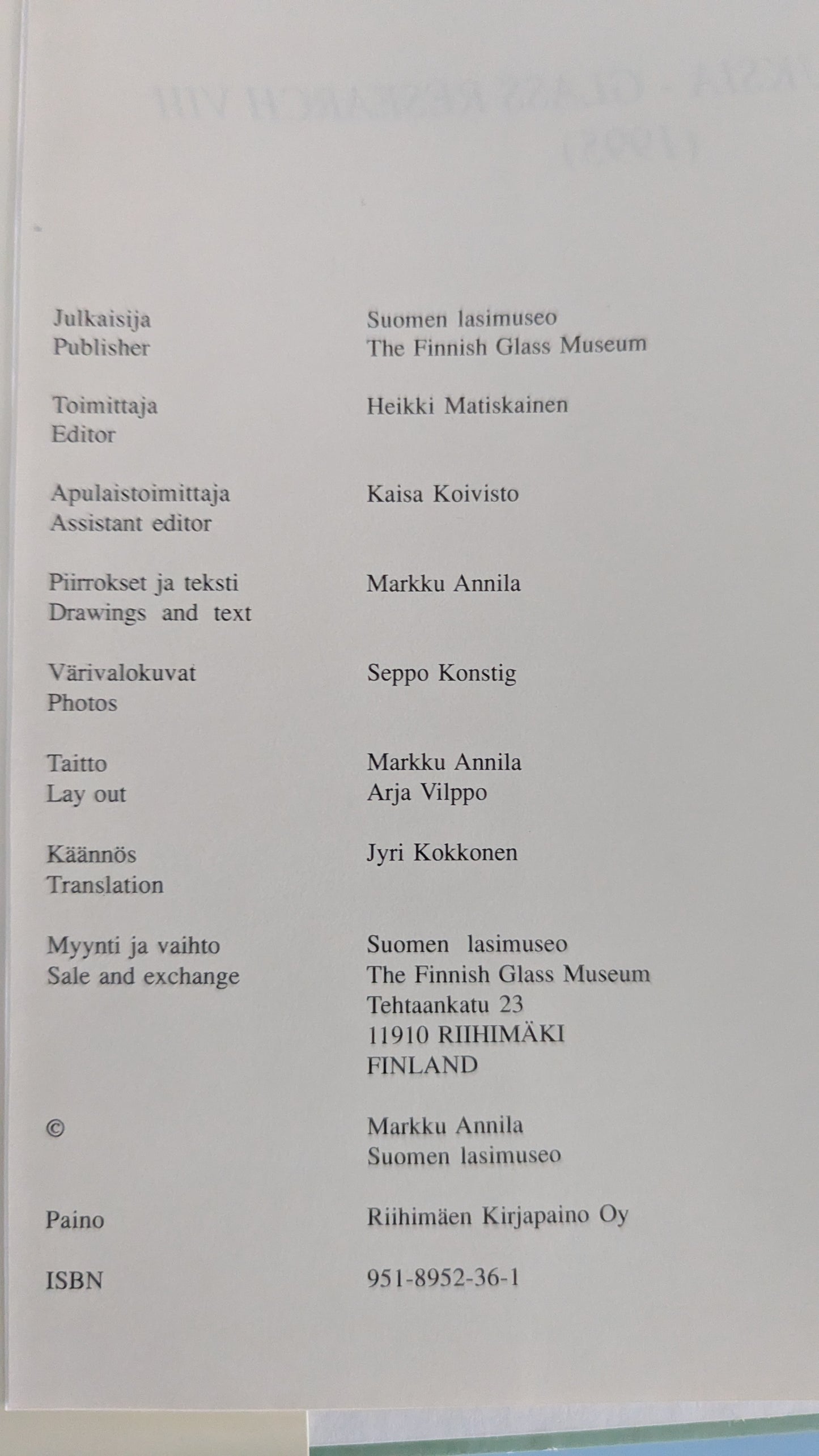 Lasitutkimuksia VIII - Lasinkeräilijän Muotokuva (Kovakantinen Versio, 1995)