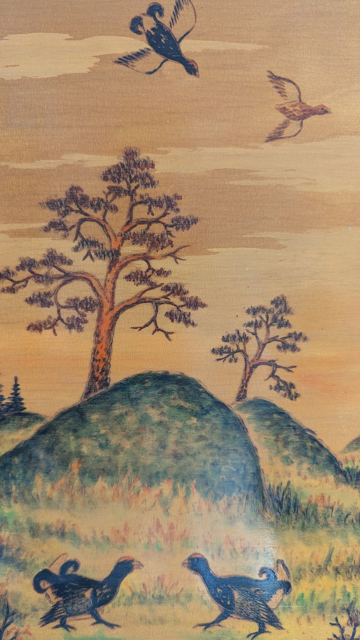 Sven Edwin Ritvall - Orrlek (Signeerattu, Puulle Tehty Pyrografia / Akvarelli)