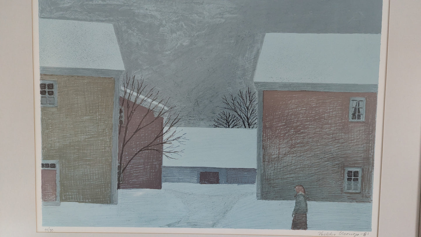 Veikko Vionoja - Talvinen Piha (Signeerattu Litografia 11/90, 1981)