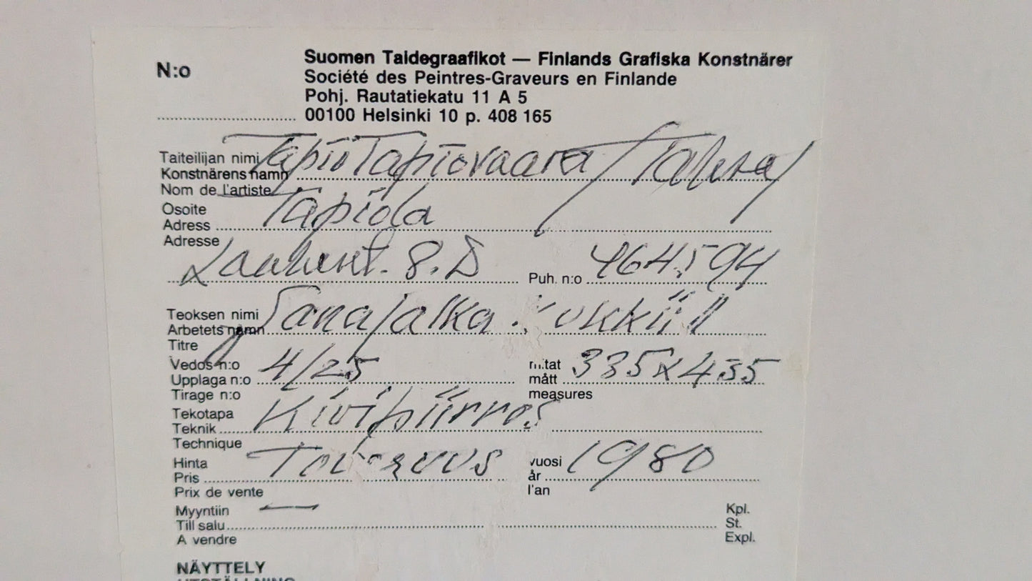 Tapio Tapiovaara - Sanajalka Kukkii II (Signeerattu Kivipiirros 1980)