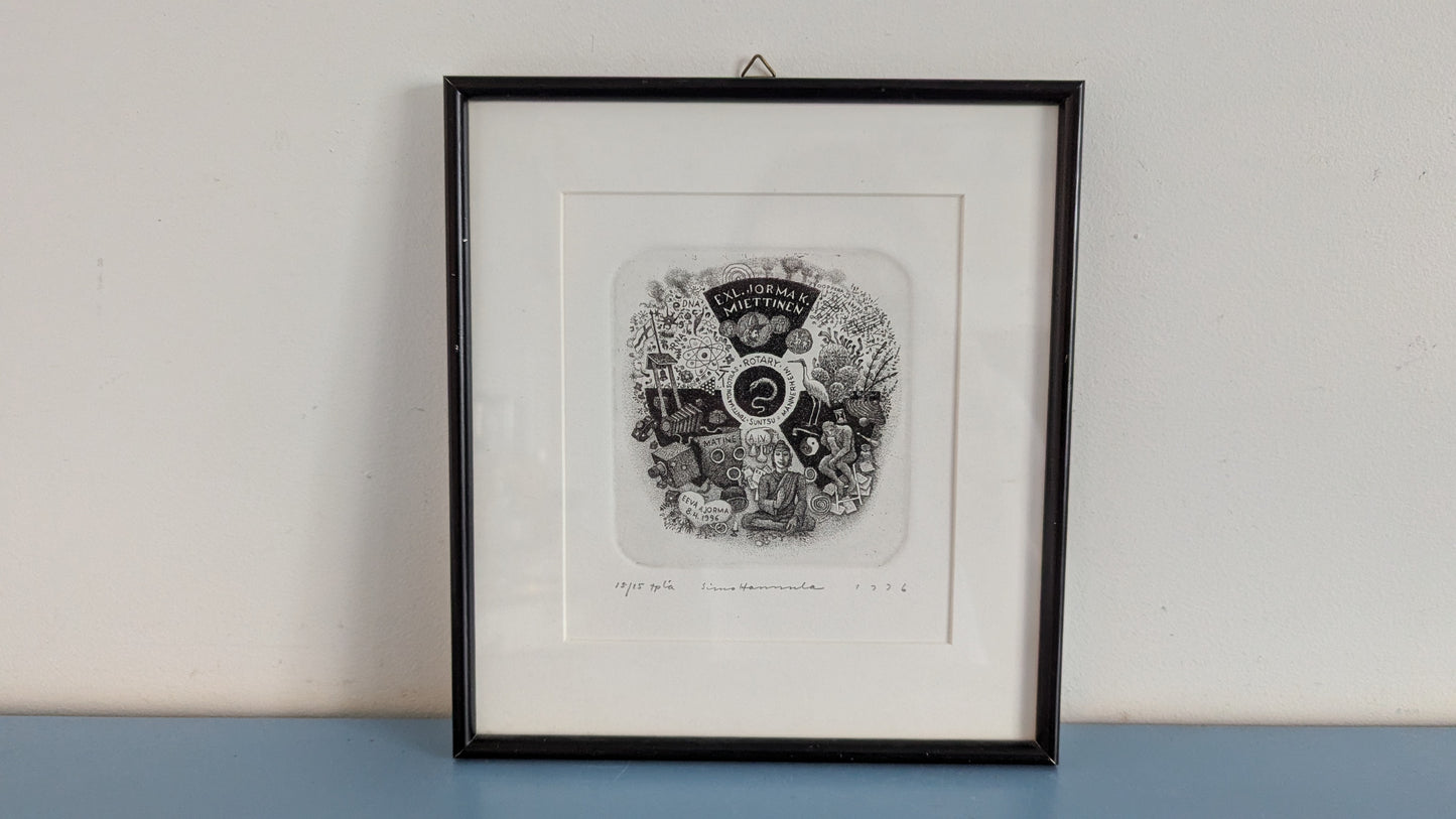 Simo Hannula - Jorma K. Miettinen Ex-Libris (Signeerattu Etsaus 1996, 15/15)