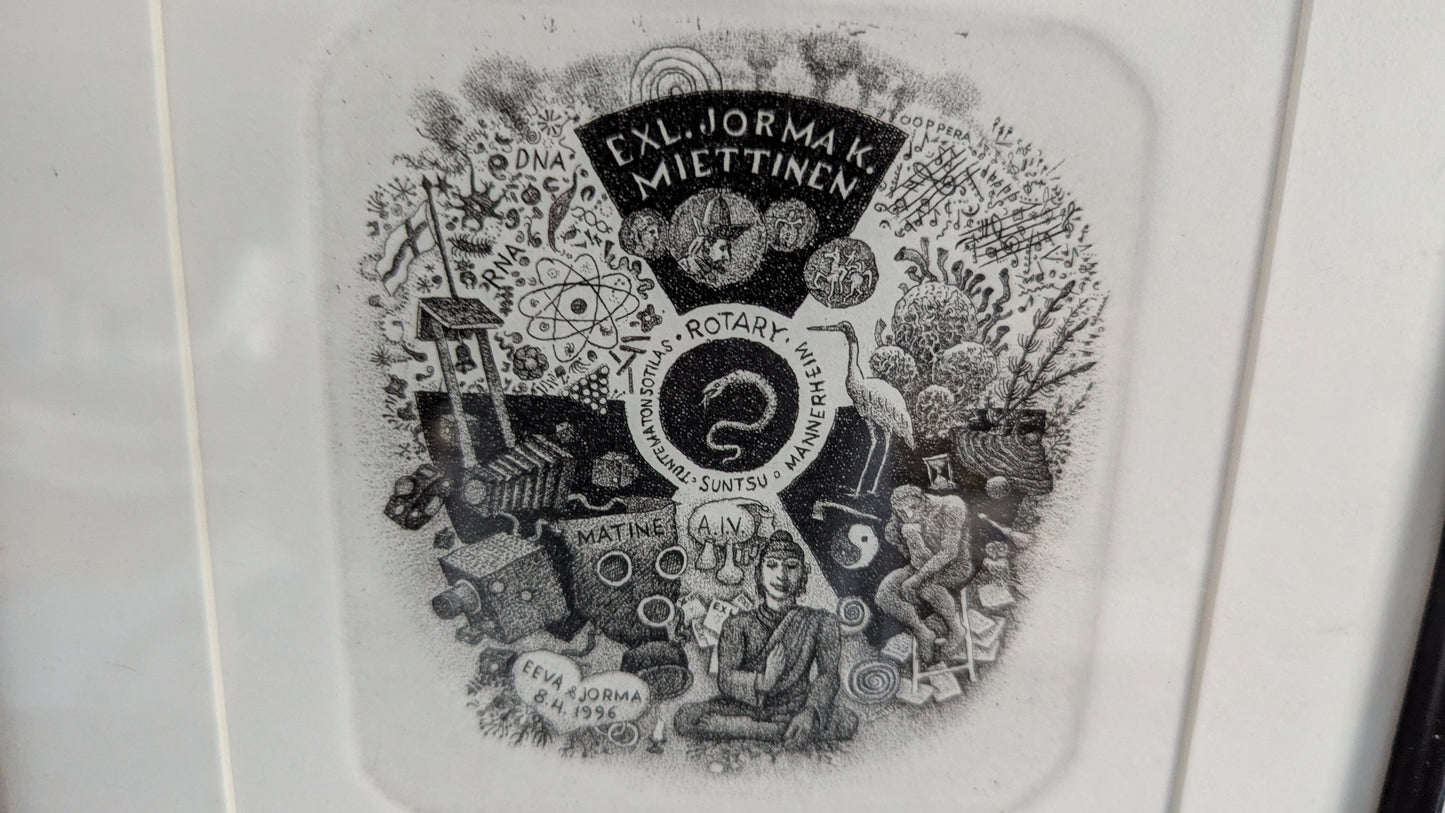 Simo Hannula - Jorma K. Miettinen Ex-Libris (Signeerattu Etsaus 1996, 15/15)