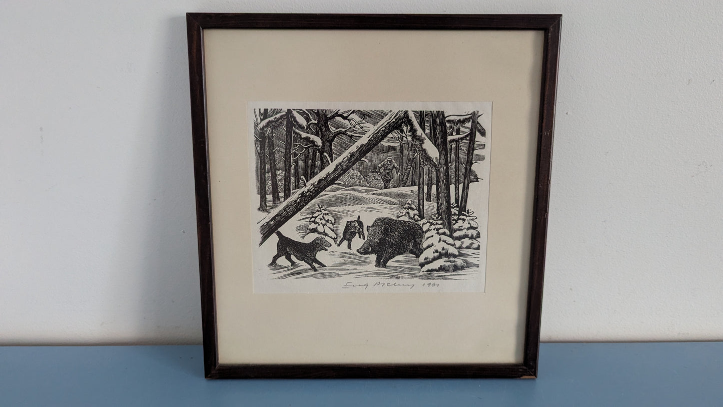 Eugeniusz Pichell - Signeerattu Villisian Metsästys Aiheinen Etsaus (1961)