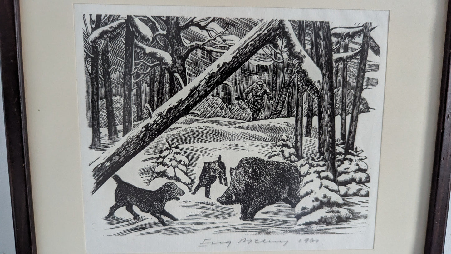 Eugeniusz Pichell - Signeerattu Villisian Metsästys Aiheinen Etsaus (1961)