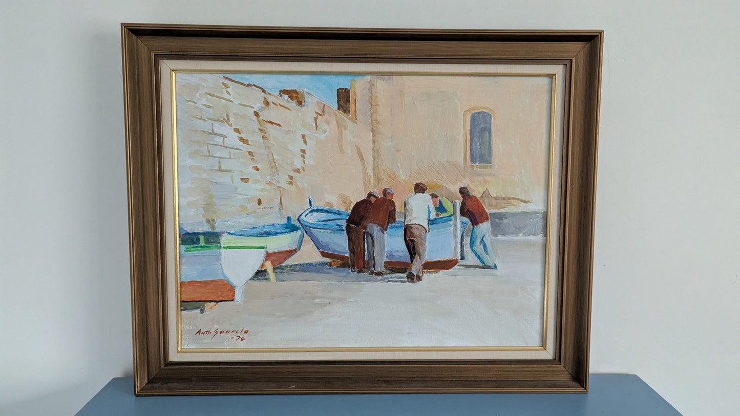 Antti Saarela - Cefalun Kalastajia (Signeerattu Öljyvärimaalaus, 1974)