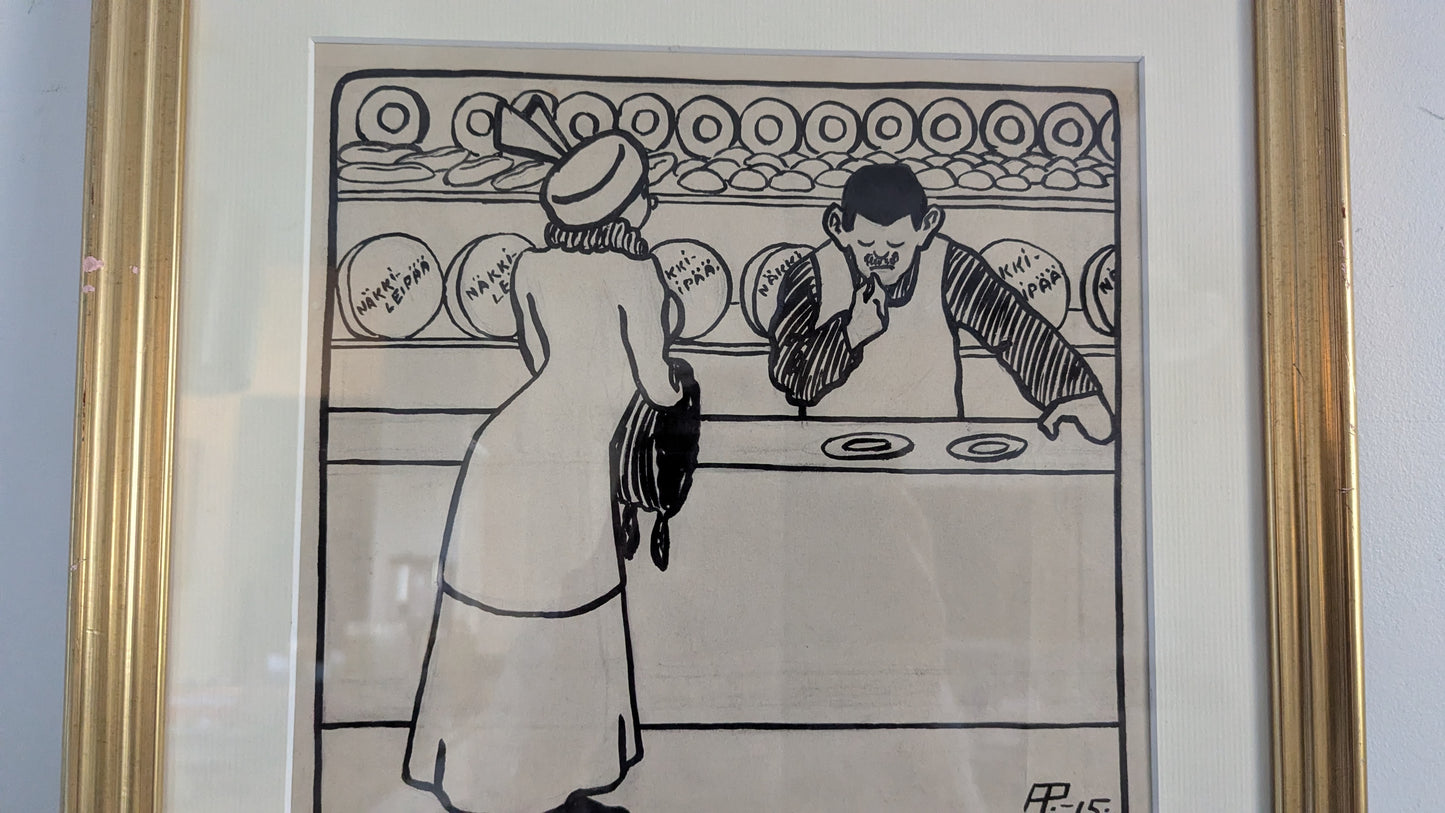 Alexander Paischeff - Alkuperäispiirros Pilalehti Ampiaiseen (Viipuri, 1915)