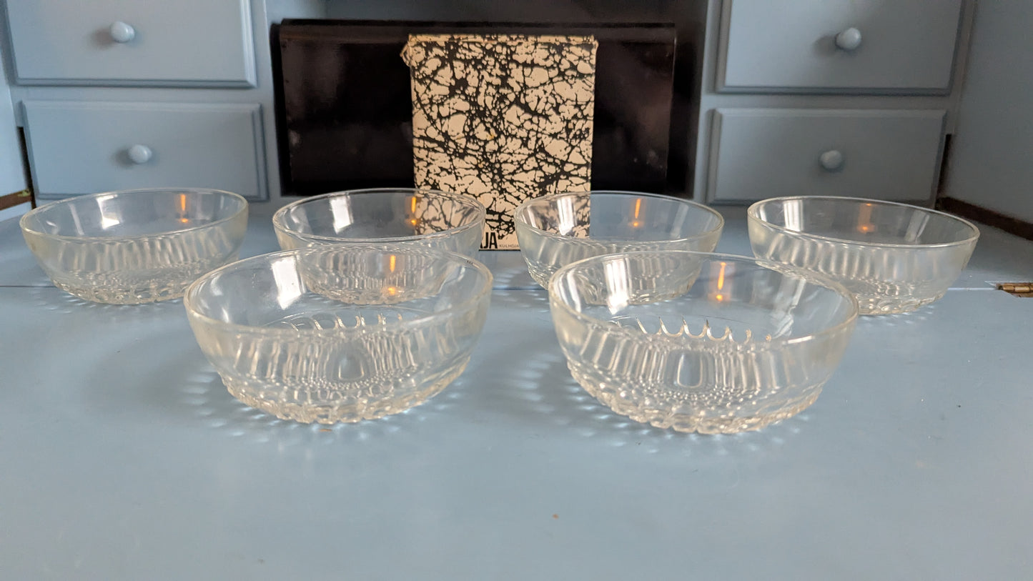 Riihimäen Lasi Merja Annoskulho (6kpl, 1974-1976, Tamara Aladin, Alk. Pakkauksessa)