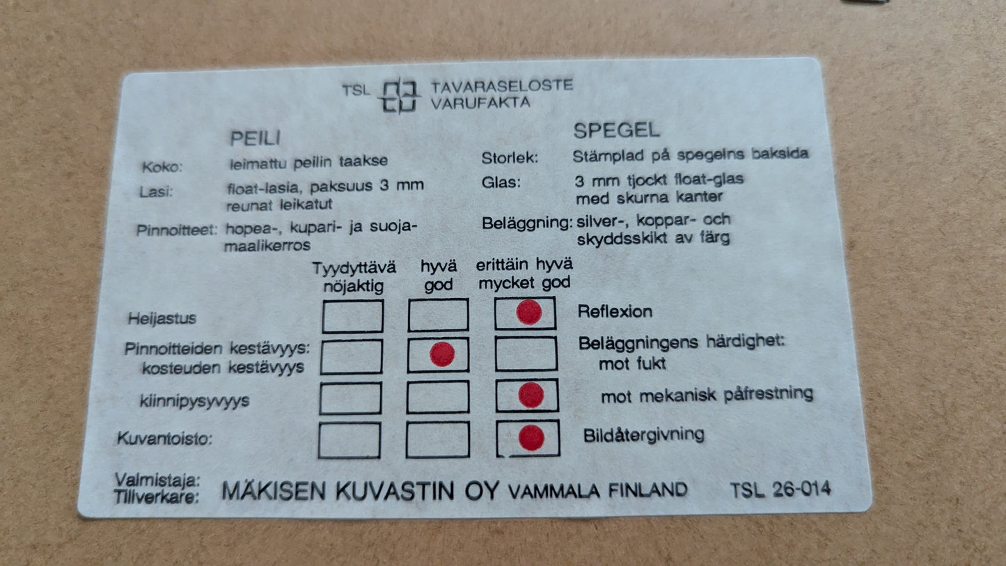 Mäkisen Kuvastin - Seinäpeili Säilytystaskuilla ja Ilmoitustaululla (1981)
