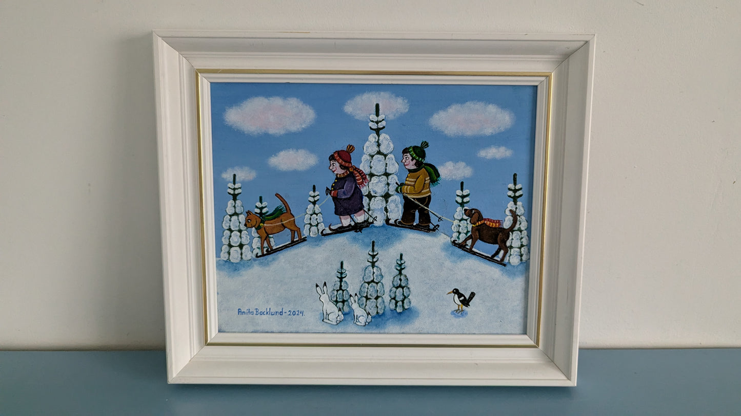 Anita Backlund - Perhe Hiihtoretkellä (Signeerattu Öljyvärimaalaus 2024)