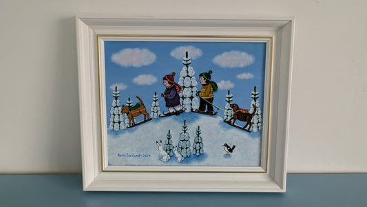 Anita Backlund - Perhe Hiihtoretkellä (Signeerattu Öljyvärimaalaus 2024)