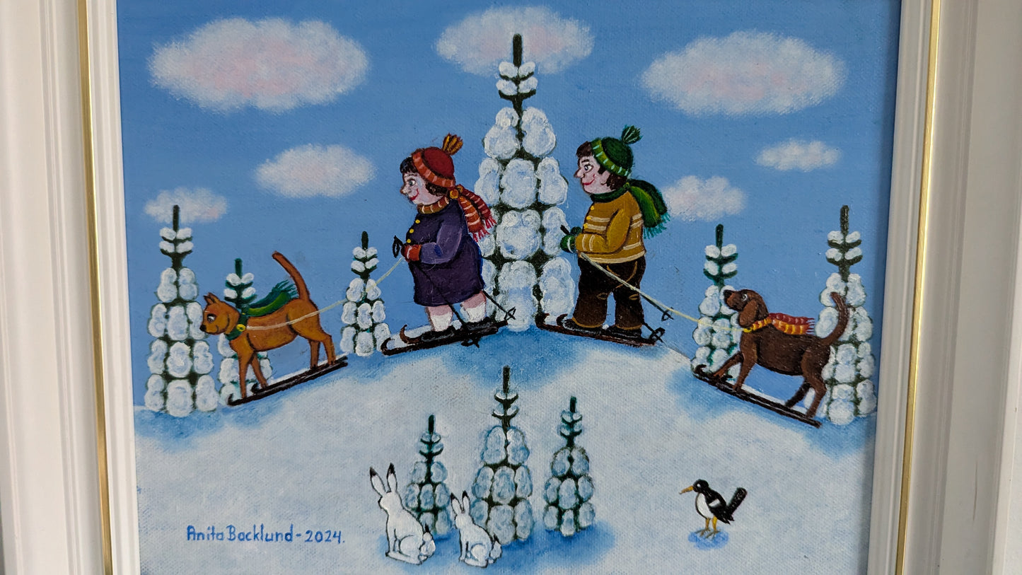 Anita Backlund - Perhe Hiihtoretkellä (Signeerattu Öljyvärimaalaus 2024)