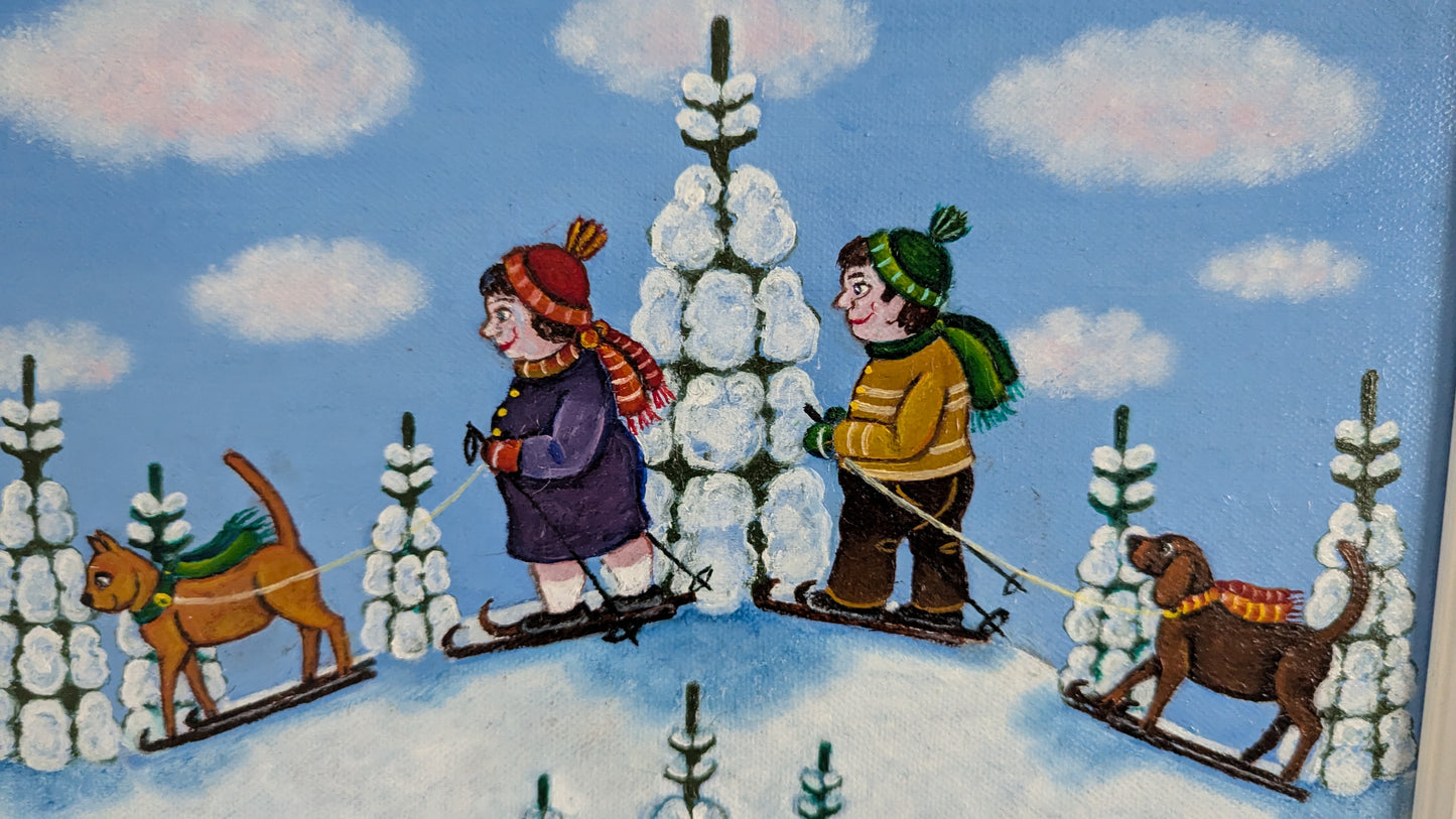 Anita Backlund - Perhe Hiihtoretkellä (Signeerattu Öljyvärimaalaus 2024)