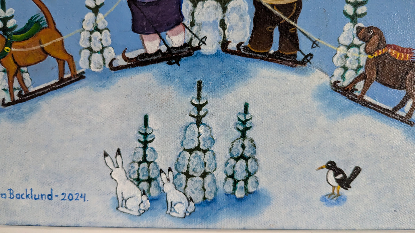 Anita Backlund - Perhe Hiihtoretkellä (Signeerattu Öljyvärimaalaus 2024)