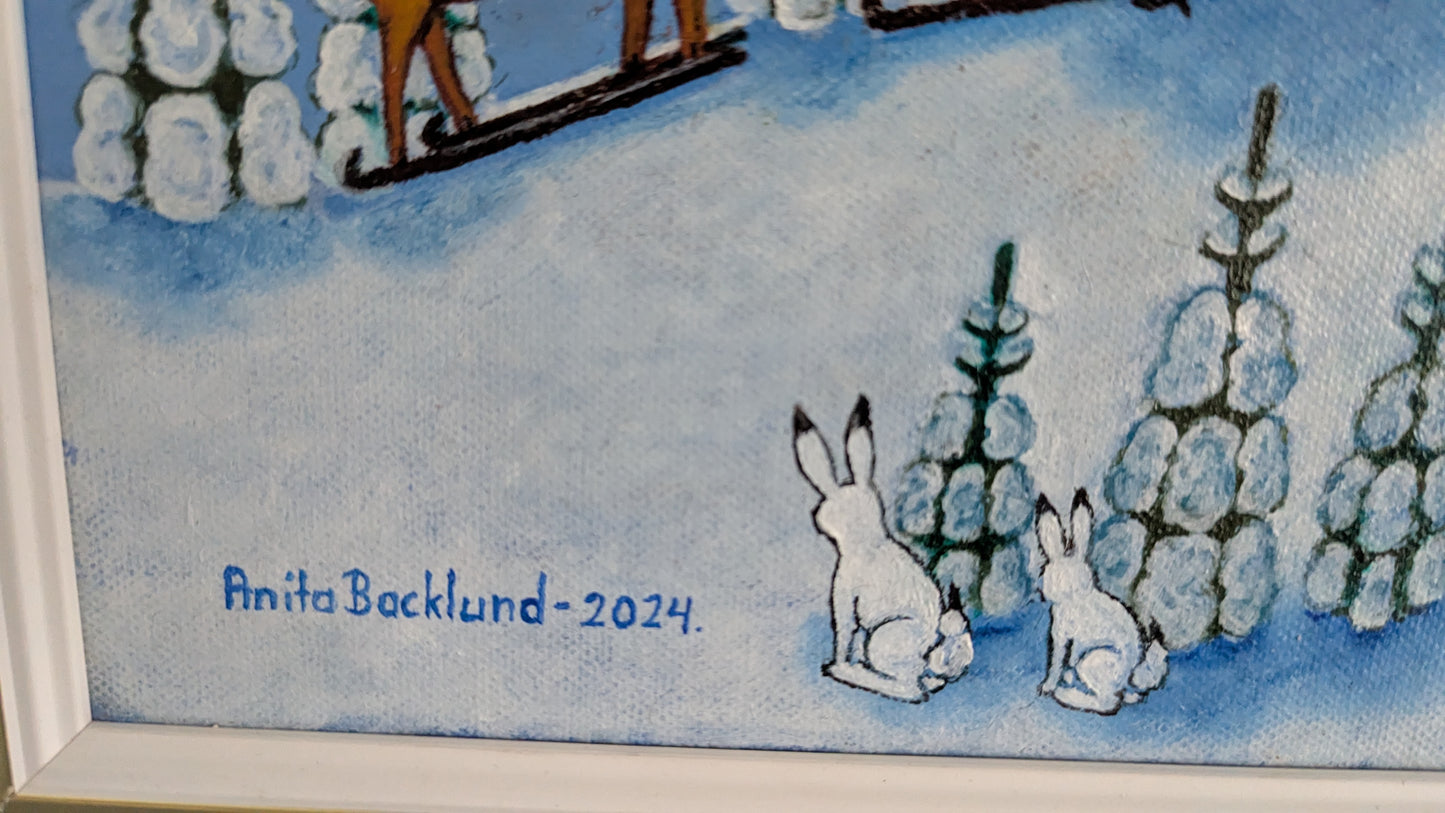 Anita Backlund - Perhe Hiihtoretkellä (Signeerattu Öljyvärimaalaus 2024)