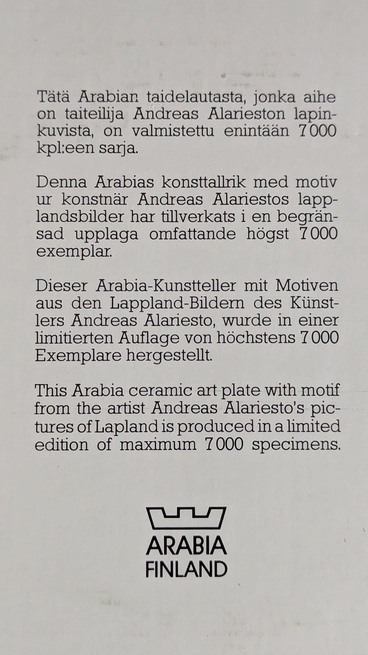 Arabia - Arabia Art Seinälautanen (1984, Alk. Paketissa, Andreas Alariesto)
