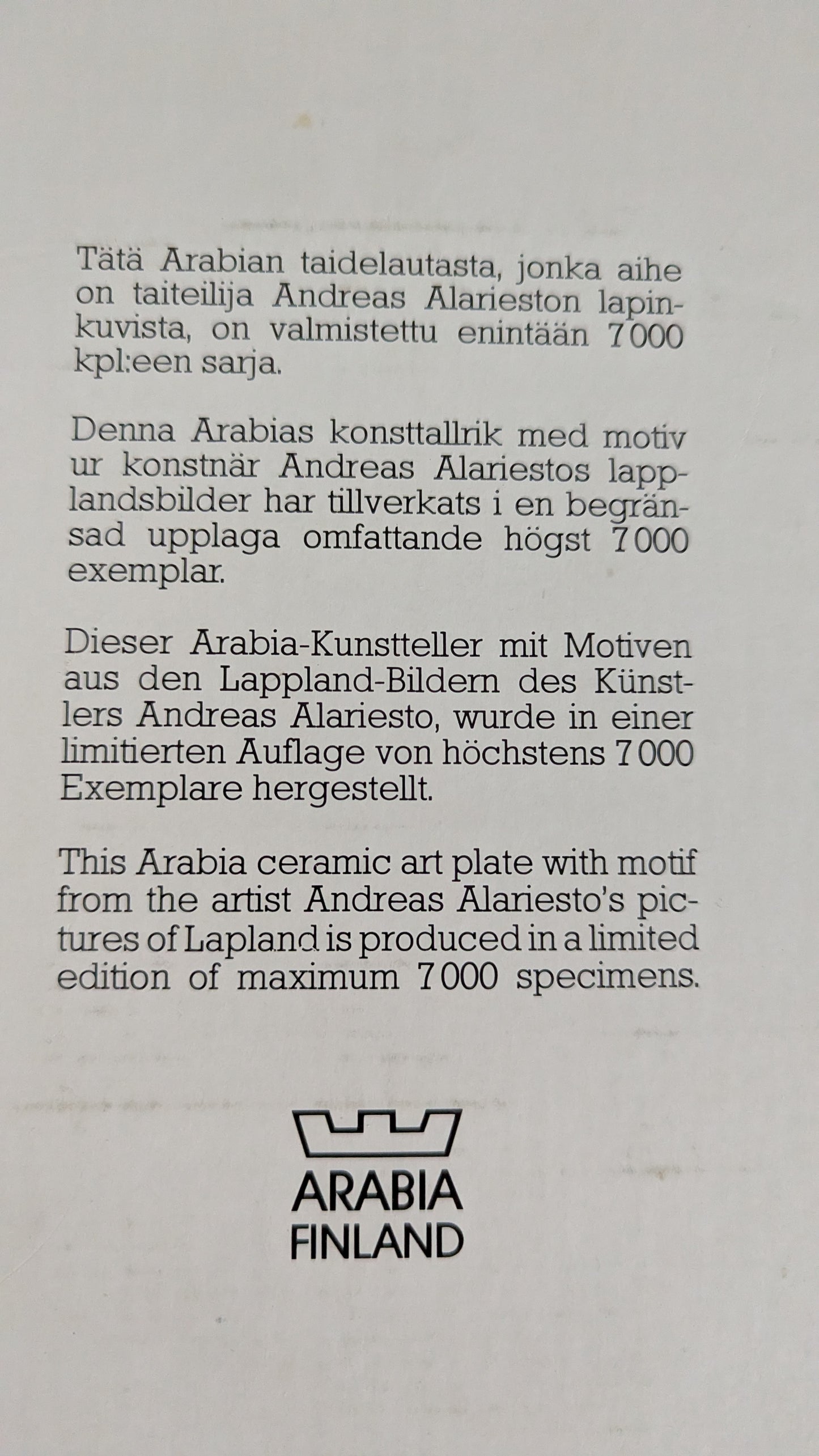 Arabia - Arabia Art Seinälautanen (1985, Alk. Paketissa, Andreas Alariesto)
