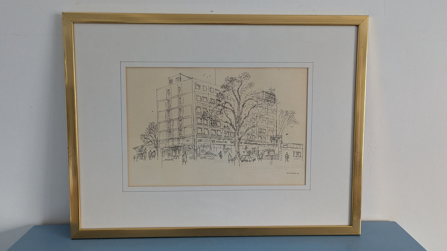 Raimo Huittinen - Porin Kauppatorin Pankkitalo (Signeerattu Tussityö 1987)