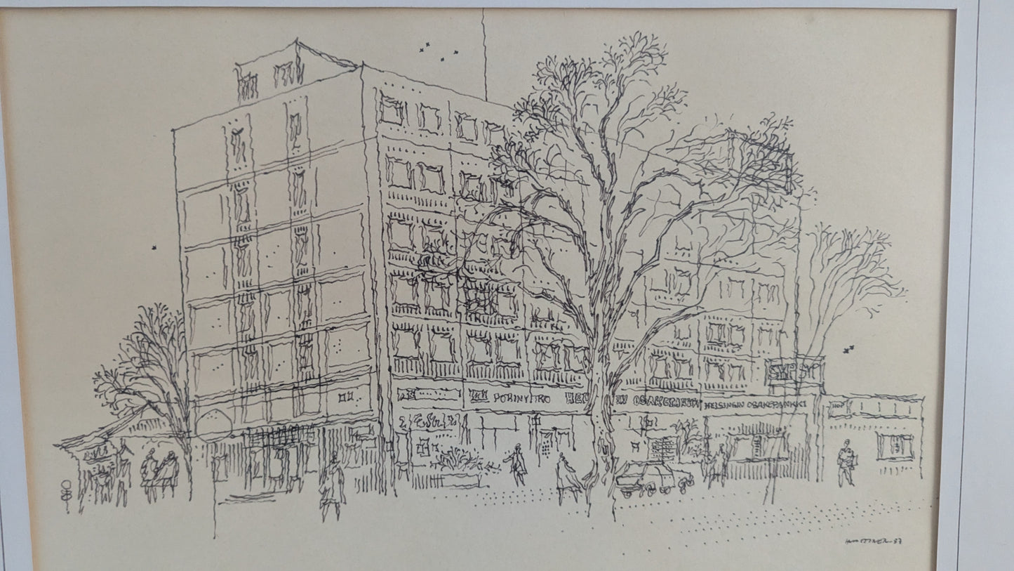 Raimo Huittinen - Porin Kauppatorin Pankkitalo (Signeerattu Tussityö 1987)