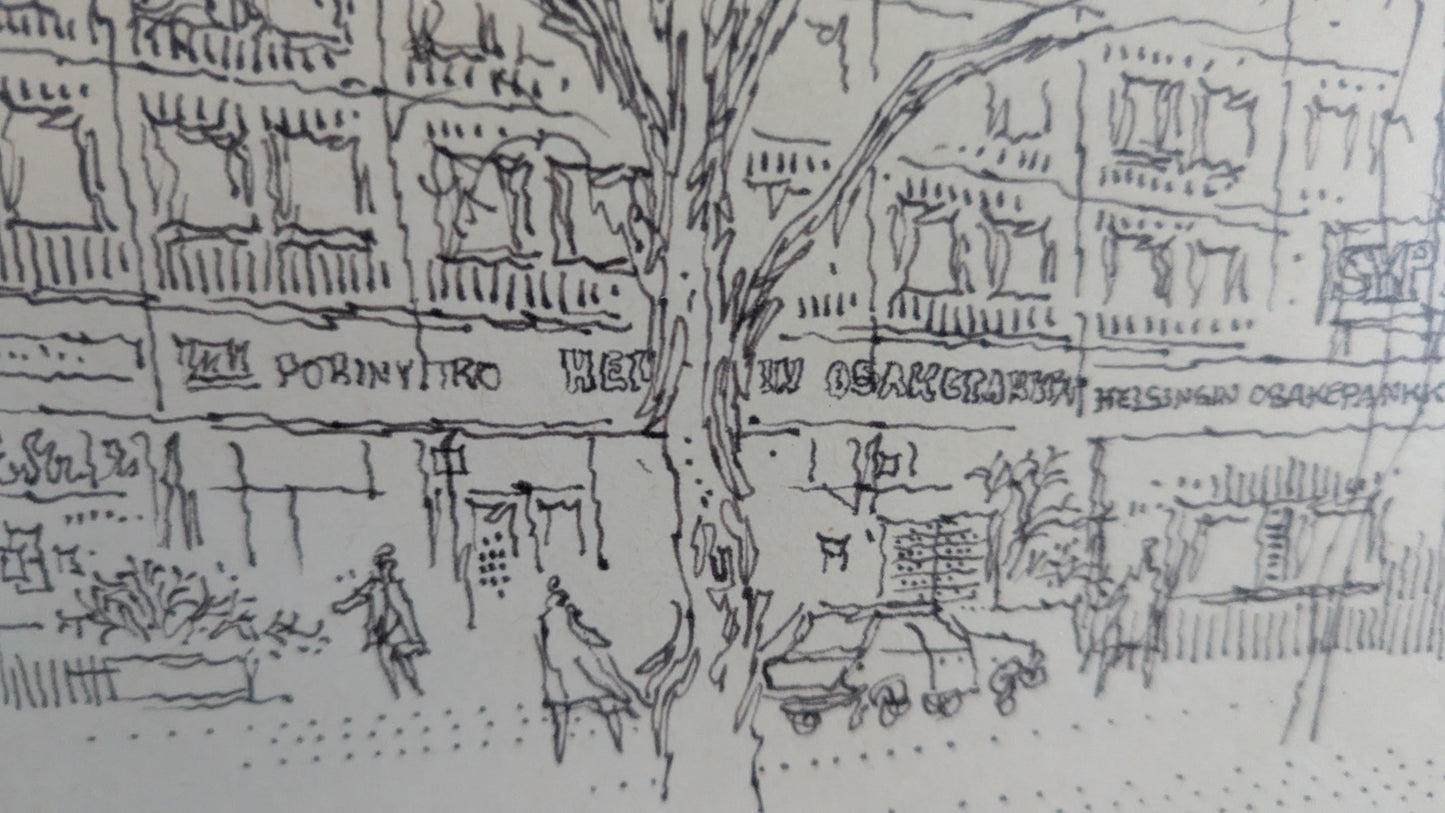 Raimo Huittinen - Porin Kauppatorin Pankkitalo (Signeerattu Tussityö 1987)