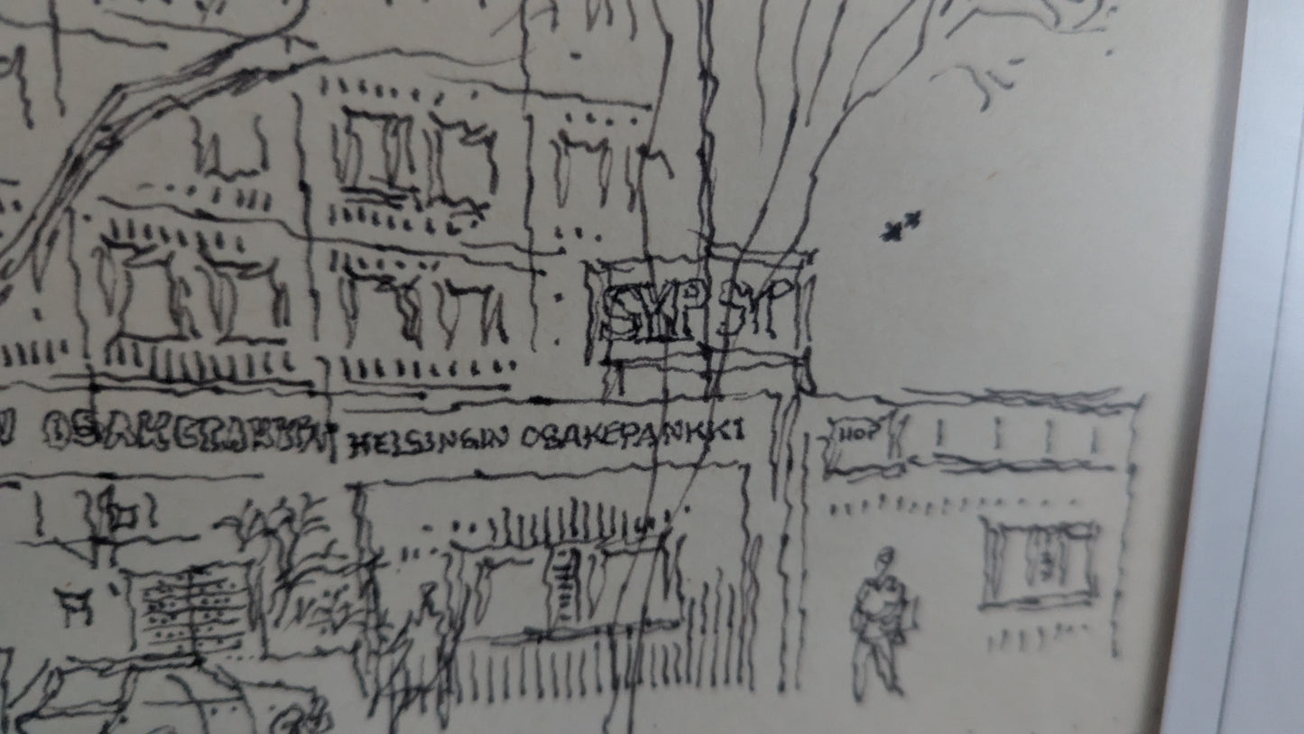 Raimo Huittinen - Porin Kauppatorin Pankkitalo (Signeerattu Tussityö 1987)